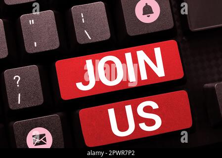 Inspiration zeigt Schild „Join US“, „Business Idea Register in Community Team“ oder „Blog“ Melden Sie sich bei den sozialen Medien an Stockfoto