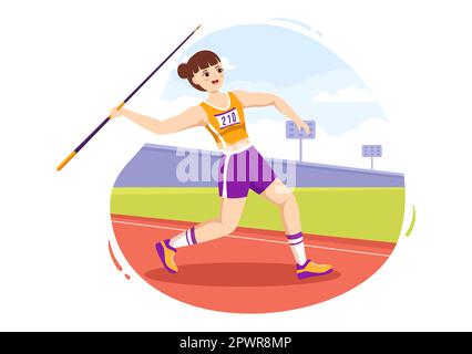 Speerwerfer, der die Illustration eines Athleten mit einem Werkzeug in Form einer langen Lanze wirft, um eine flache, handgezeichnete Schablone für Sportaktivitäten einzubringen Stockfoto