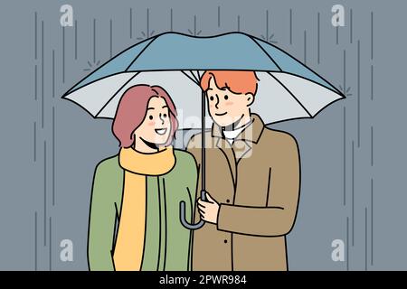 Glückliches Paar, das im Regen unter dem Schirm spaziert. Lächelnder Mann und lächelnde Frau genießen ein Date im Freien bei regnerischem Wetter. Beziehungskonzept. Vektordarstellung. Stockfoto