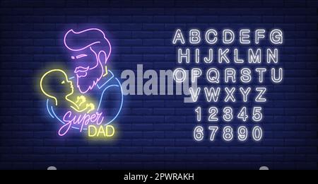 Super Dad Neon Text und Vater mit Kind Stock Vektor