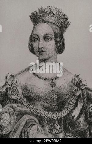 Queen Victoria (1819-1901). Königin des Vereinigten Königreichs Großbritannien und Irland (1837-1901). Kaiserin von Indien. Porträt. Lithographie von Martínez. Detail. "Reyes Contemporáneos". Band I. Veröffentlicht in Madrid, 1855. Autor: Martínez. Spanischer Lithograf aus dem 19. Jahrhundert. Stockfoto