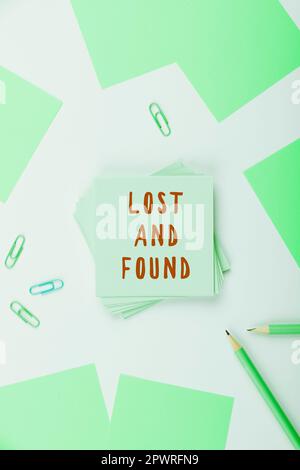 Konzeptunterschrift Lost and Found, Business Showcase Place, wo Sie Forwarded Things Search Service finden können Stockfoto
