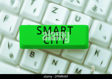 Textunterschrift präsentiert Smart City, Geschäftsübersicht Stadtgebiet, das ein anderes elektronisches Internet der Dinge nutzt Stockfoto