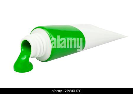 Grüne Acryllackierschläuche mit Abstrichen, isoliert auf weißem Hintergrund Stockfoto