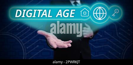 Textunterschrift präsentiert das digitale Zeitalter, Geschäftsvorführung Einführung des PCs mit nachfolgender Technologie Stockfoto