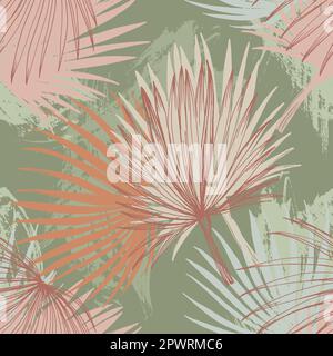 Elegantes, nahtloses Muster mit handgezeichneten grünen tropischen Blättern. Eine moderne Collage mit einfachen Formen. Modernes, exotisches Design für Papier, Deckblatt, Stock Vektor