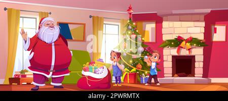 Weihnachten Wohnzimmereinrichtung mit Weihnachtsmann, Kindern und Kamin. Feiertagsfeier mit grünem Weihnachtsbaum und präsent im Haus Vektorfilm i Stock Vektor