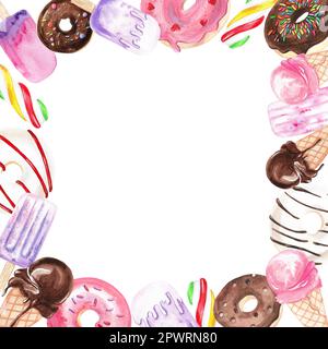 Eiscreme, wasserfarbener Rahmen. Aquarelle Eiscreme. Eiskrem. Lila Eiswagen. Abbildung isoliert. Sommerrahmen. Zum Bedrucken von Postkarten Stockfoto