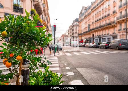 Allgemeiner Blick auf die Straße von Paris, der französischen Hauptstadt. Typisch französische Architektur und Blick auf die Stadt. Stockfoto