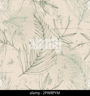 Elegantes, nahtloses Muster mit handgezeichneten grünen tropischen Blättern. Eine moderne Collage mit einfachen Formen. Modernes, exotisches Design für Papier, Deckblatt, Stock Vektor