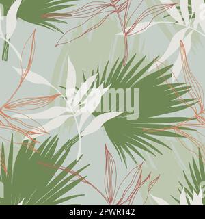 Elegantes, nahtloses Muster mit handgezeichneten grünen tropischen Blättern. Eine moderne Collage mit einfachen Formen. Modernes, exotisches Design für Papier, Deckblatt, Stock Vektor