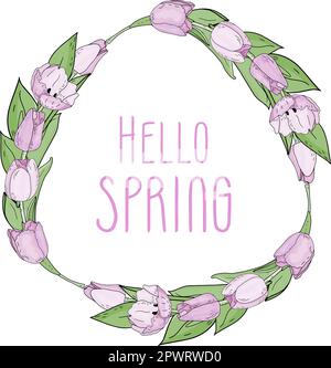 Handgezeichneter Vektorrahmen mit rosafarbenen Blumen, Tulpen, Zweig und Blättern. Elegante Logo-Vorlage. Stock Vektor