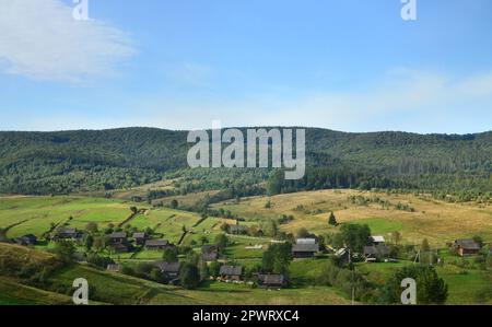 Foto der Karpaten, die haben eine Menge Nadelbäume. Wald- und Berglandschaft im frühen Herbst Jahreszeit Stockfoto