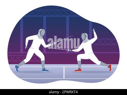 Fechtspieler Sportillustration mit Fencer Fighting bei Piste and Sword Duel Competition Event in Flat Cartoon Hand Drawn Templates Stockfoto