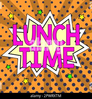 Text mit Inspiration zur Mittagszeit, Wort auf Mahlzeit in der Mitte des Tages nach dem Frühstück und vor dem Abendessen geschrieben Stockfoto