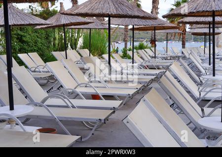 Leere Sonnenliegen, Palmen und Bambusschirme am Pool mit Meer im Hintergrund an einem sonnigen Sommertag Stockfoto