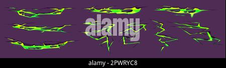 Cartoon-Satz Erdbebenrisse mit grüner toxischer Substanz im Inneren. Vektordarstellung von Löchern am Boden, in Bergen, an der Wand, gefährliches Gift Stock Vektor