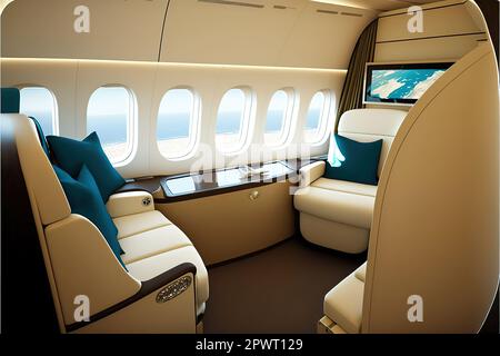 Sitzplätze in der ersten Klasse in einem Jumbo-Jet-Flugzeug der Boeing 747-8 von der deutschen Fluggesellschaft. Stockfoto