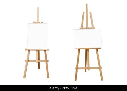 Leere Kunsttafeln und Staffelei aus Holz, um Bilder oder Bilder auf weißem Hintergrund hinzuzufügen Stockfoto