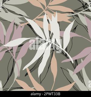 Elegantes, nahtloses Muster mit handgezeichneten grünen tropischen Blättern. Eine moderne Collage mit einfachen Formen. Modernes, exotisches Design für Papier, Deckblatt, Stock Vektor