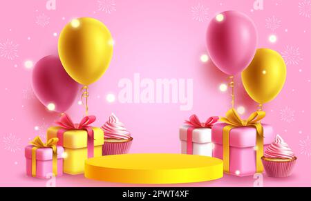 Geburtstagspodium-Vektor-Hintergrunddesign. Happy Birthday-Einladungskarte mit Ballons, Geschenken und Tassenkuchenelementen. Vektordarstellung Stock Vektor