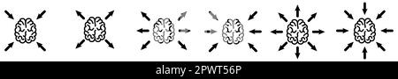 Pfeile, die auf das Gehirnsymbol zeigen. Konzept der psychischen Gesundheit oder Intelligenzbedeutung. Version mit nach außen und nach innen zeigenden Punkten Stock Vektor