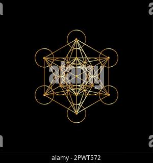 Gold Metatron Cube, Blume des Lebens. Heilige Geometrie, goldenes Grafikelement Vektor isoliert auf schwarzem Hintergrund. Mystische Ikone platonische Feststoffe Stock Vektor