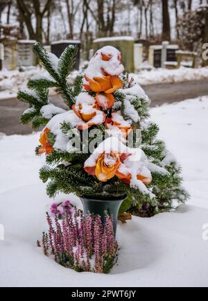 Schneebedeckte Blumenarrangements auf dem Friedhof Stockfoto