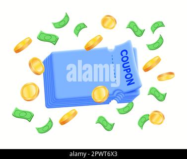 3D Rabattgutschein mit Goldmünzen und Geld, Währung. Gutschein für Premium-Sonderangebote. Design-Konzept für Finanzen und Einkauf. Finanzielle Investitionen der Unternehmen. Bargeld zurückgeben. Vektordarstellung Stock Vektor