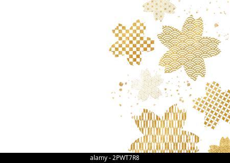 Hintergrundvorlage mit traditionellen japanischen Mustern. Goldene Kirschblüten auf weißem Hintergrund. Luxuriös und stilvoll. Platz für Text Stockfoto
