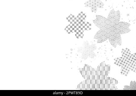 Hintergrundvorlage mit traditionellen japanischen Mustern. Silberne Kirschblüten auf weißem Hintergrund. Luxuriös und stilvoll. Platz für Text Stockfoto