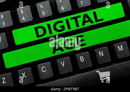 Textunterschrift Darstellung des digitalen Zeitalters, Internetkonzept Einführung des PCs mit nachfolgender Technik Stockfoto