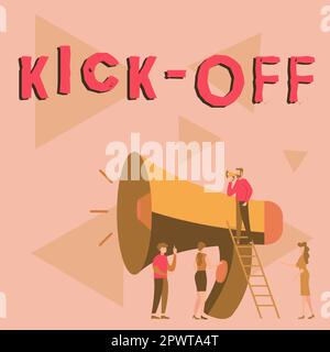 Schreiben mit Text Kick Off, Geschäftsübersicht Beginn oder Wiederaufnahme des Fußballspiels, bei dem der Spieler den Ball kickt Stockfoto