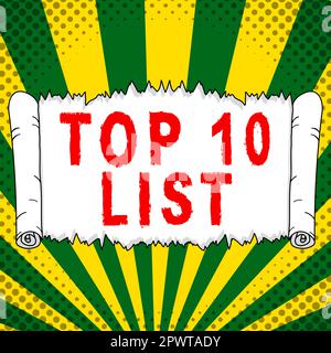 Handschriftliches Schild Top 10 List, Wort geschrieben auf die zehn wichtigsten oder erfolgreichsten Elemente in einer bestimmten Liste Stockfoto