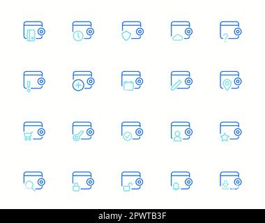 Symbolgruppe "Wallet". Vektorsymbol für Wallet. Symbol für Geldbörse mit Bargeld. Einfacher Satz von Vektorliniensymbolen für Wallet. Enthält Symbole wie Aufladen oder Abheben von Guthaben, Geldtransfer, Zahlung und mehr. Vektordarstellung Stock Vektor