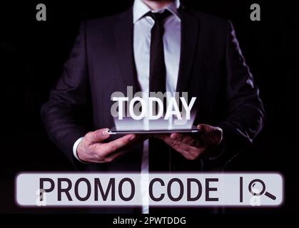 Textbeschriftung mit Aktionscode und digitalen Zahlen für Konzeptfotos, die Ihnen einen guten Rabatt auf bestimmte Produkte bieten Stockfoto