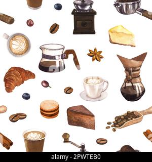 Kaffee und Dessert in Aquarellfarben mit nahtlosem Muster. Farbenfrohe Details mit vielen Objekten. Handgezeichnete Darstellung isoliert auf weißem Hintergrund. Perfekt Stockfoto