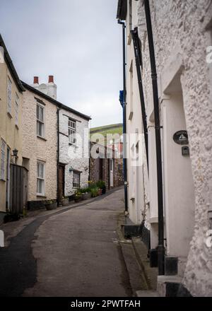 Blick auf die Straße in den Dörfern Kingsand und Cawsand im Südosten von Cornwall, England, Großbritannien Stockfoto