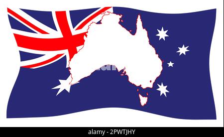 Die Flagge von Australien mit einem Kartenausschnitt winken im Wind Stockfoto