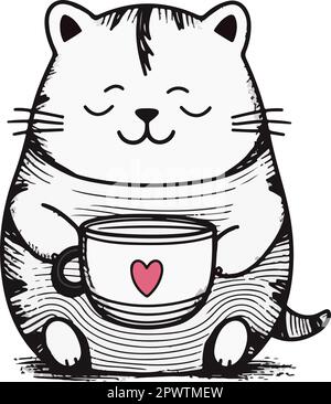 Fettkatze hält Kaffeetasse mit Herz in den Pfoten. Schwarzweiß-Darstellung des linearen Vektors Stock Vektor