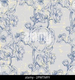 Nahtloses Muster mit Kirschbaumblüte. Handgezeichnete Vektorgrafik im Skizzenstil im Vintage-Stil. Pinkfarbene Kirschblumen, Textildruck, Frühlingsbaum-Blüten Stock Vektor