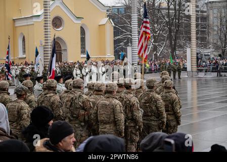 Soldaten aus den Vereinigten Staaten, Frankreich und Großbritannien, die während der Militärparade in Estland ihre Flagge als NATO-Verbündete hielten Stockfoto