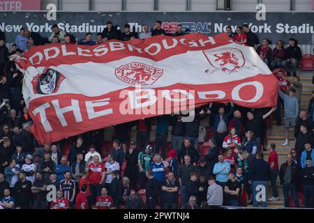 Rotherham, Großbritannien. 1. Mai 2023 Unterstützung von Middlesbrough vor dem Sky Bet Championship-Spiel zwischen Rotherham United und Middlesbrough im New York Stadium, Rotherham, am Montag, den 1. Mai 2023. (Foto: Trevor Wilkinson | MI News) Kredit: MI News & Sport /Alamy Live News Stockfoto