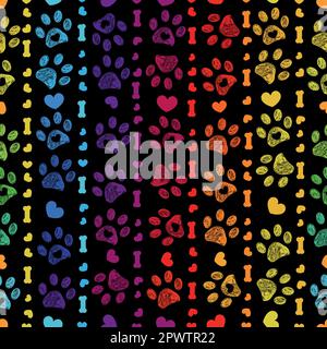 Farbenfrohe, lebendige, nahtlose Pfotenmuster mit Regenbogen und nahtlosem Muster Stock Vektor