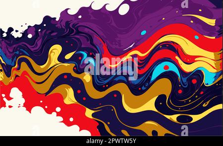 Farbenfroher, abstrakter Hintergrund in Regenbogenfarben. Textur fließender flüssiger Farbe in Rot, Blau, Gelb und Violett. Vektorbild. Stock Vektor