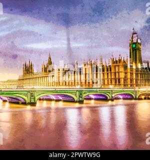 Aquarellmalerei auf Leinwand. Druckbare Reiseabbildung, Stoffmuster, zur Verwendung in Kunstwerken. London Vereinigtes Königreich Stockfoto