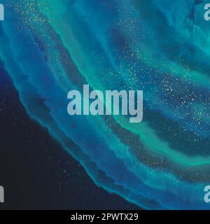 Alkoholtinte und Goldstaub in marmorähnlichen Schichten auf dunklem Hintergrund. Quadratisches Banner mit blauem und grünem Achatmuster auf schwarzem Hintergrund. N Stockfoto
