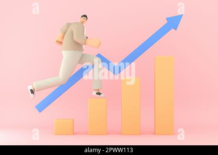 Ein Mann-Charakter, der mit dem Diagramm läuft, zeigt den Vorrat an. 3D Rendering von Geschäftsmodellen. Stockfoto