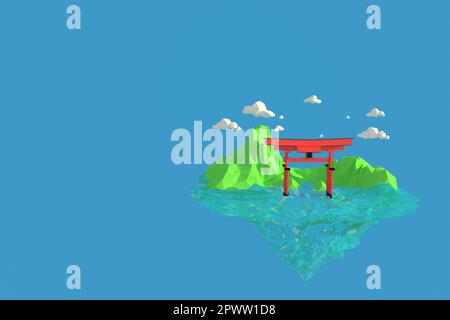 3D-Illustrator Shinto-Schrein auf der Insel Itsukushima in Japan. 3d-Rendering Hintergrund für niedrige Polygongeometrie. Abstrakte Polygonale Geometrische Form Stockfoto