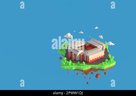 3D-Illustrator Fußballstadion in Anfield, Liverpool, England. 3d-Rendering Hintergrund für niedrige Polygongeometrie. Abstrakte Polygonale Geometrische Form. Tiefpunkte Stockfoto